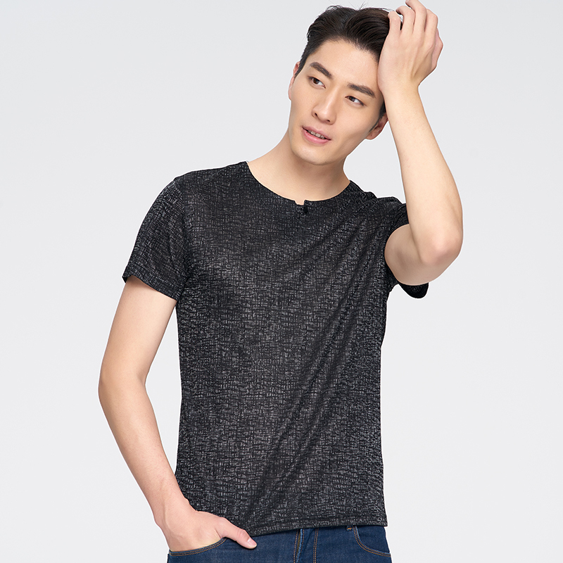 才子男装2018夏季新款男士休闲印花韩版修身体恤衫圆领短袖t恤衫