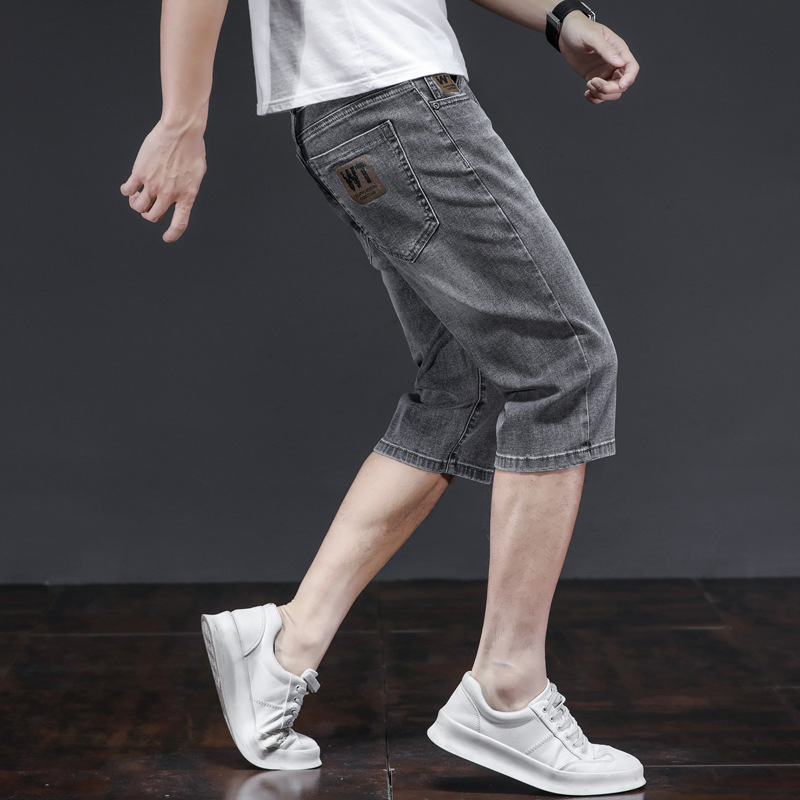 ceba夏季七分牛仔短裤男士弹力中腰浅色舒适宽松直筒裤男休闲轻