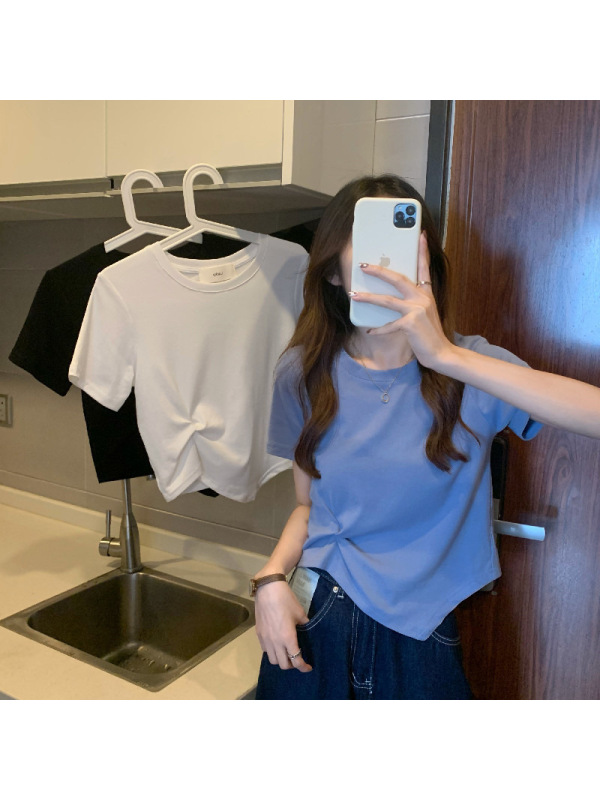 设计感不规则下摆短袖T恤女夏短款打底衫女休闲纯色上衣女装