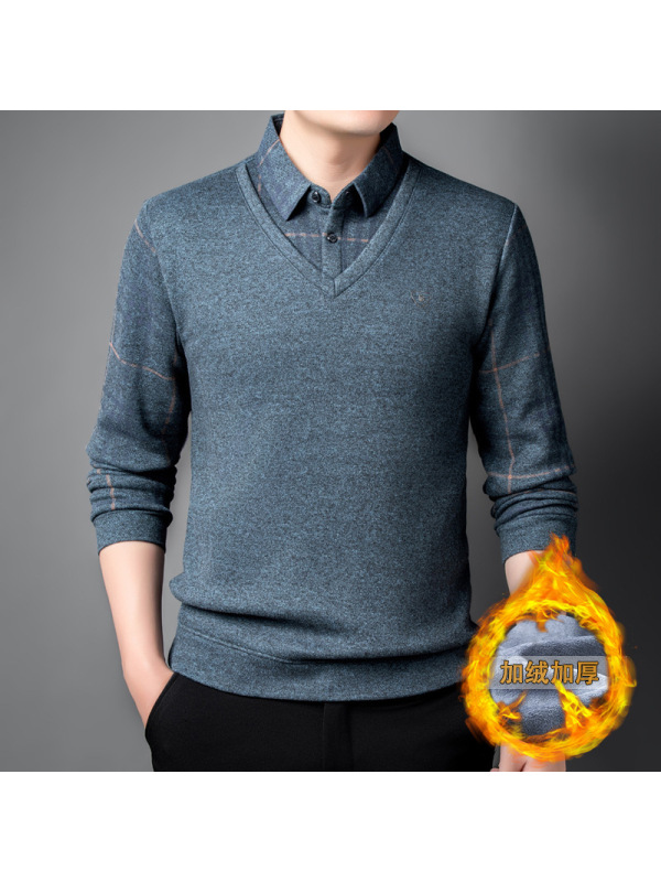 新款T恤加绒假两件男士长袖polo衫加厚鸡心领休闲打底衫男装上衣