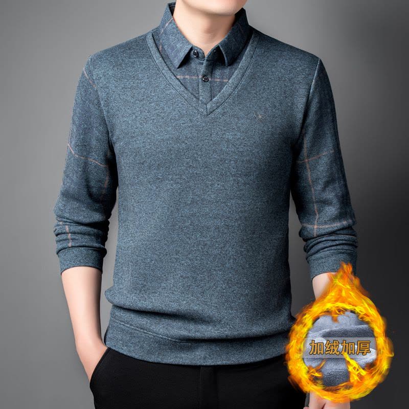 新款T恤加绒假两件男士长袖polo衫加厚鸡心领休闲打底衫男装上衣图片