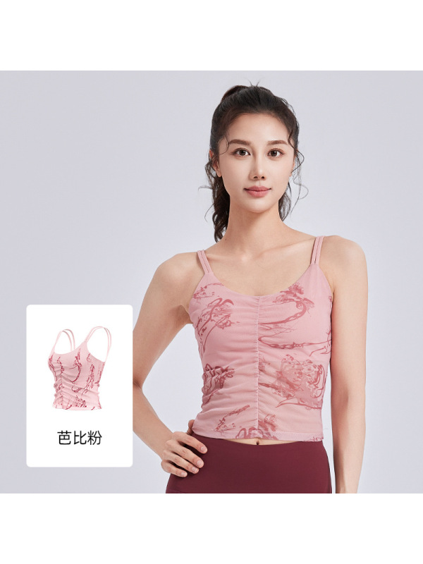 新款国风印花瑜伽背心一体固定杯外穿运动内衣吊带女