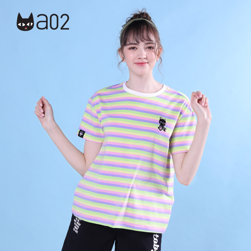 a02新款2020减龄小黑刺绣撞色条纹宽松T恤女潮DTV2C0241KT