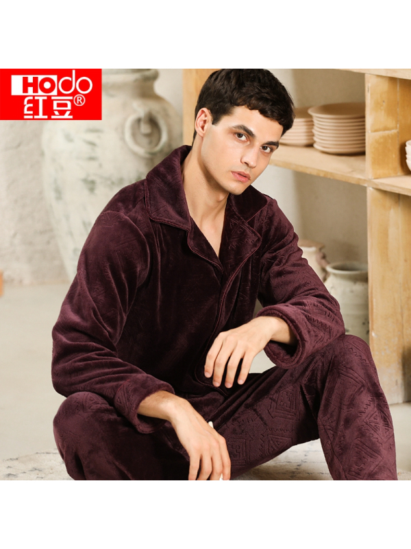 红豆居家男士睡衣法兰绒休闲舒适男士家居服两件套