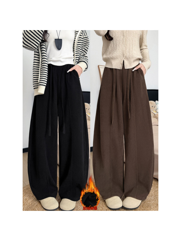 黑色加绒裤子冬装女加厚灯芯绒裤小个子高腰显瘦休闲阔腿长裤