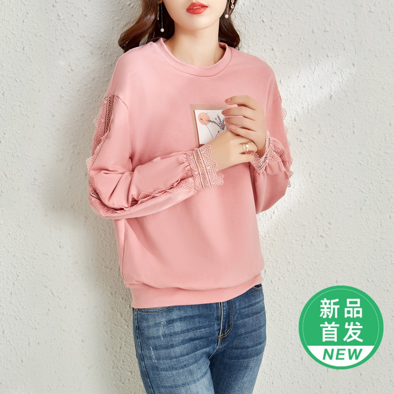 OUNIXUE欧昵雪 | [减龄花边拼接上衣]春季时尚圆领插画风烫图长袖宽松卫衣女
