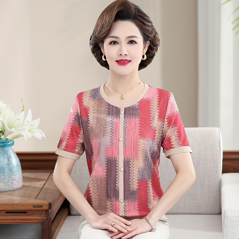 妈妈装大码短袖上衣时尚女士中年衣服40~60岁人服装中老年女装薄