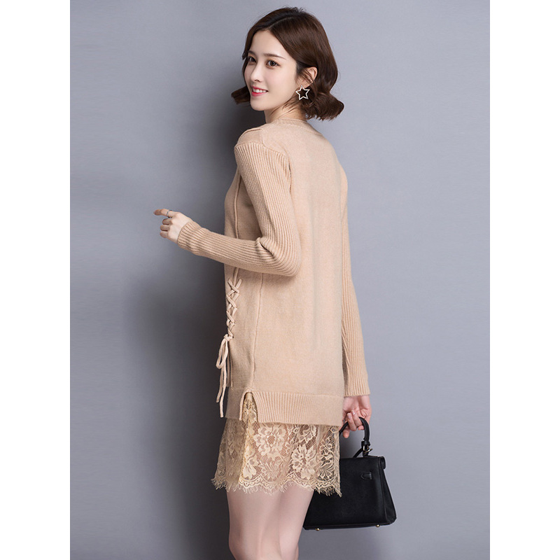 丝柏舍秋装女2018新款圆领蕾丝拼接纯色气质中款连衣裙s84s0018l