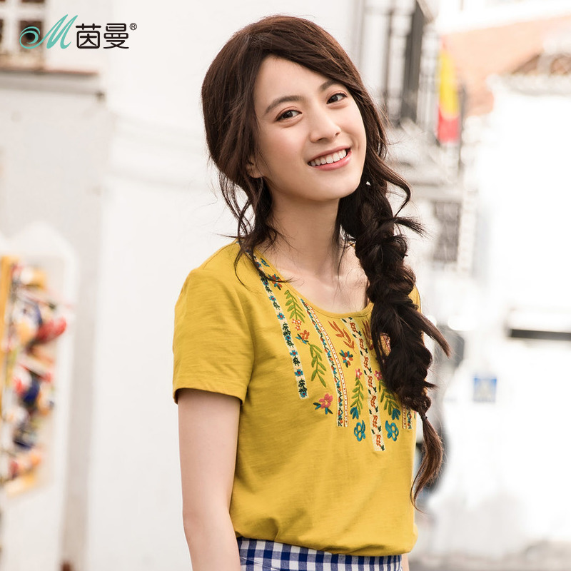 茵曼夏装新款弹性棉圆领精致民族绣花文艺范t恤女上衣短袖衫