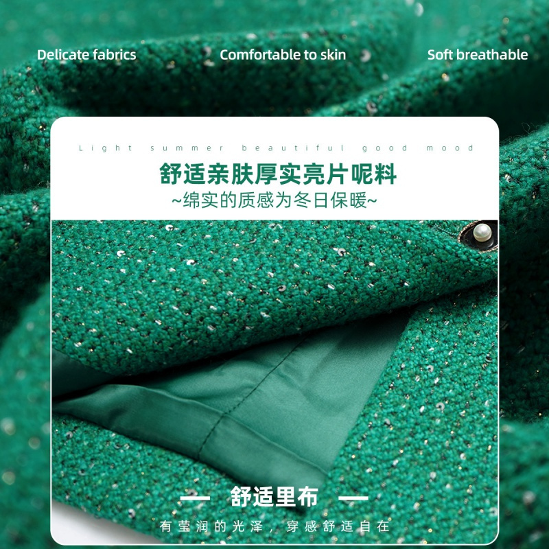 OUNIXUE欧昵雪 | [复古亮片中长款毛呢大衣]秋冬季气质圆领织带拼接外套女