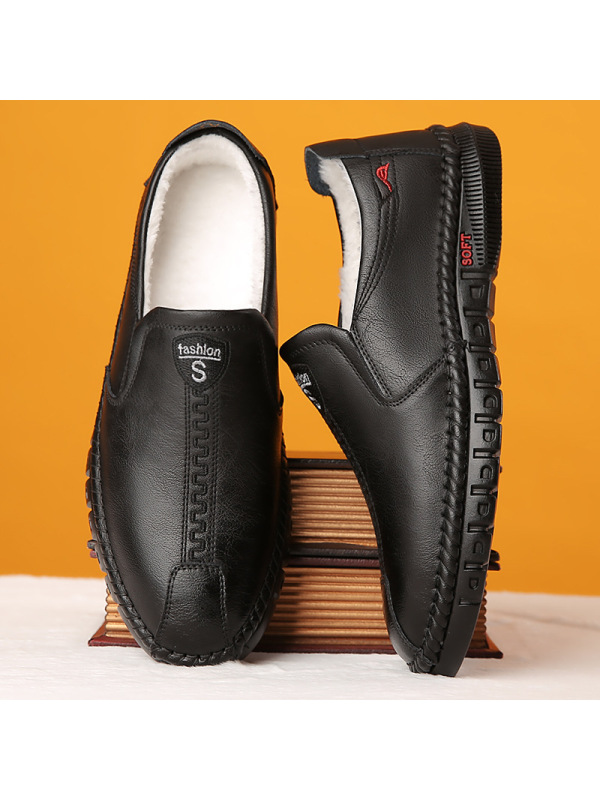 男士休闲皮鞋男潮流软底软面一脚蹬乐福鞋中老年爸爸加绒棉鞋