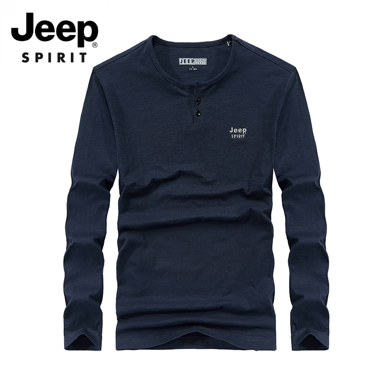 JEEP/吉普秋季新款长袖T恤男宽松圆领休闲运动打底衣男纯色上衣潮