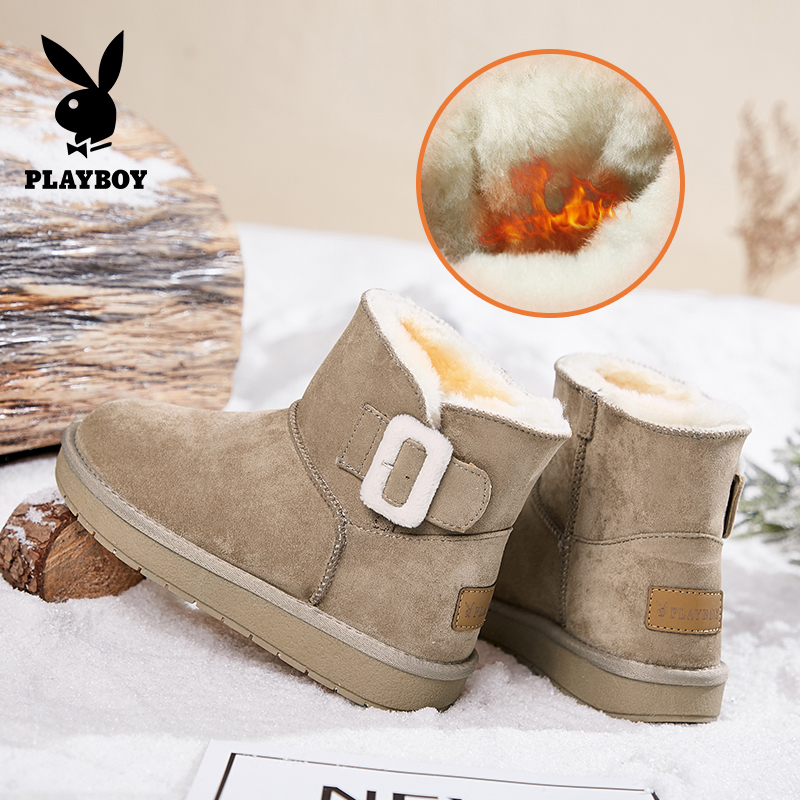 PLAYBOY/花花公子女鞋秋冬季新款甜美塔扣纯色学生棉鞋平底保暖加绒短筒雪地靴女J12699249