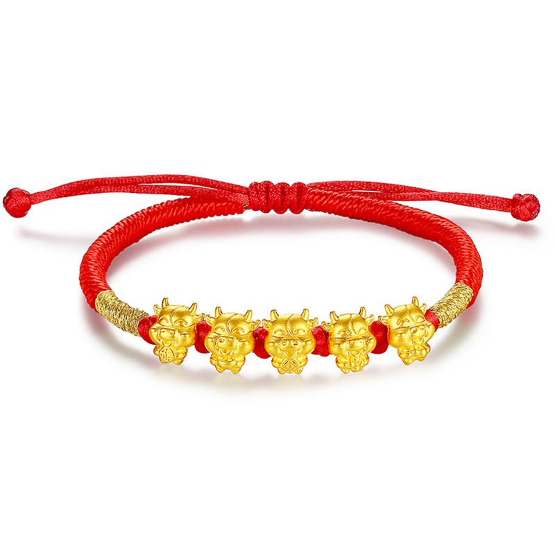 帛兰梓韵黄金手链新年手链男女款编织可伸缩小金牛手饰牛年红色手绳
