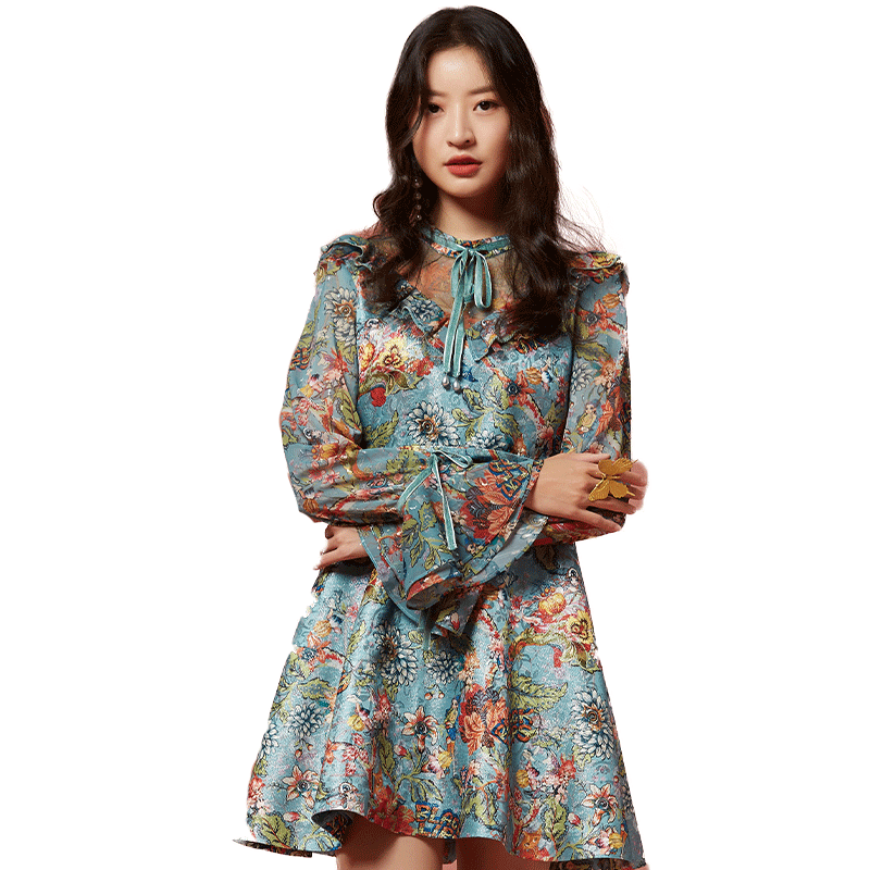 马克华菲女装2020春复古宫廷风连衣裙印花法式裙子商场直发