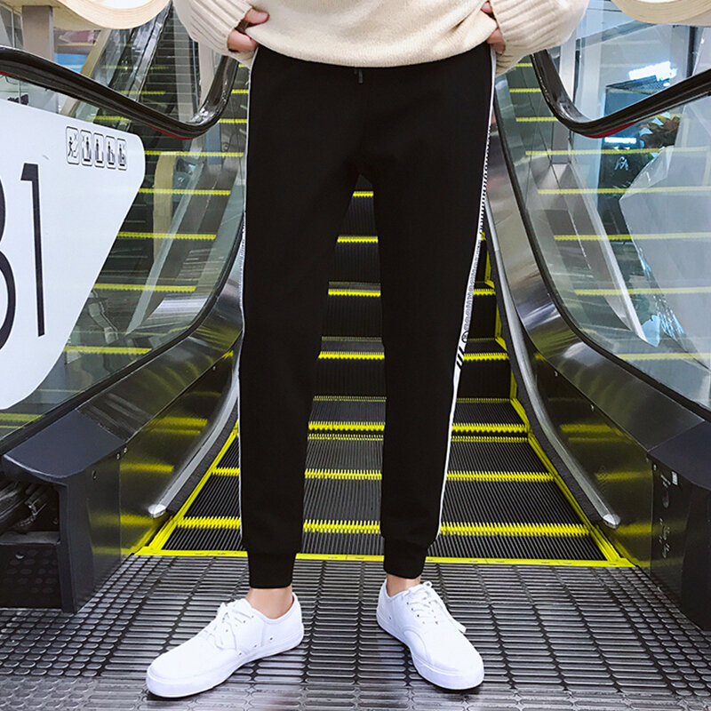 加绒】休闲裤男装2018秋冬新款小脚裤韩版时尚休闲白边潮流九分裤黑色