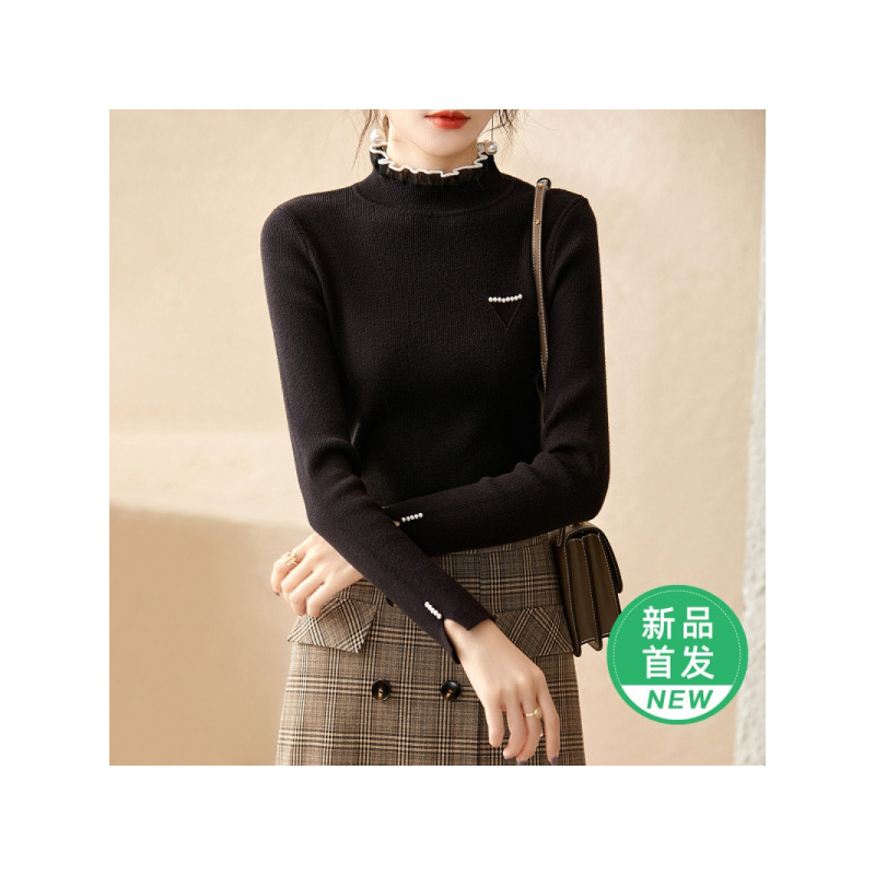 OUNIXUE欧昵雪 | 纯色立领欧根纱拼接打底针织衫女长袖直筒毛衣