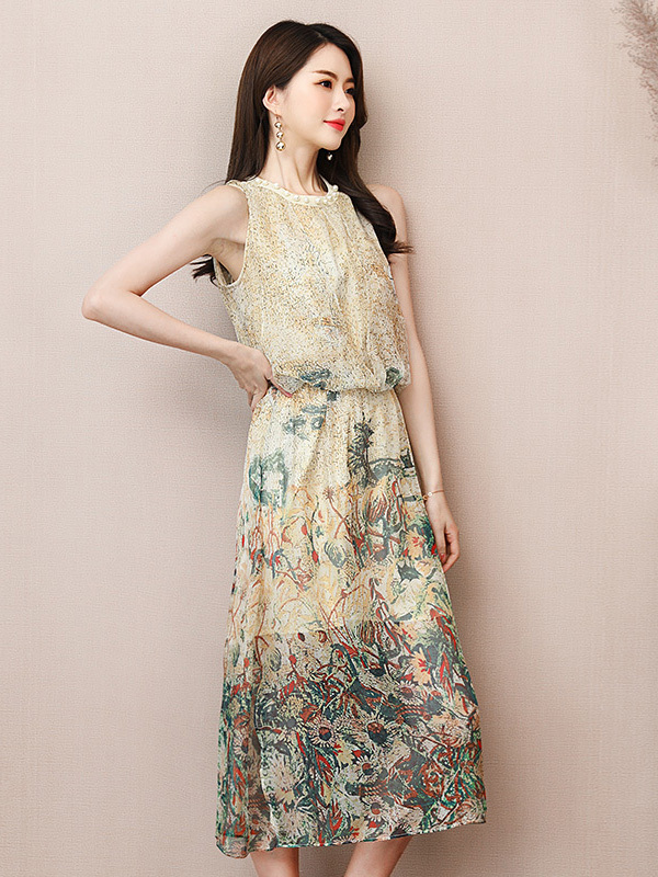 丝柏舍2019年夏季淑女装时尚无袖印花收腰中长款连衣裙S72R1143L