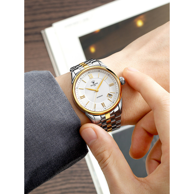 上海钻石牌手表男自动机械男表大表盘日历精钢21012男士钻石腕表