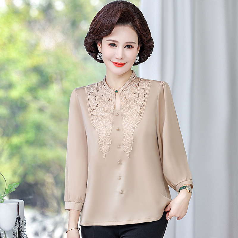 妈妈装薄款小衫时尚中年女装中老年纯色女40岁60花边妈妈装春季款