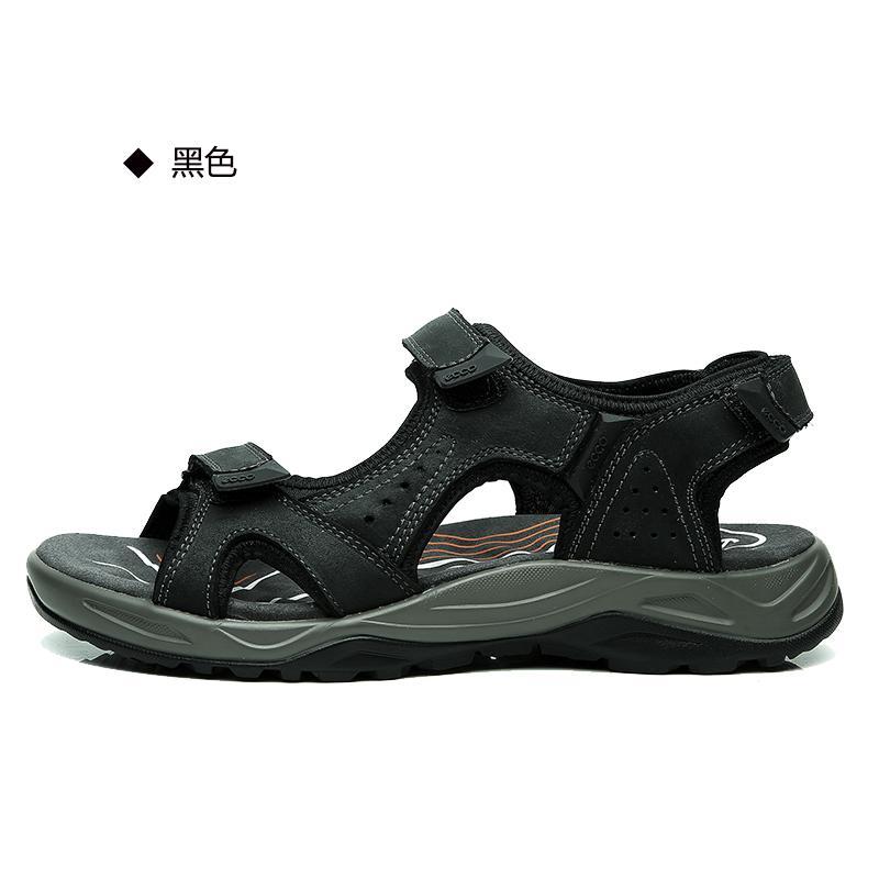 ecco爱步男鞋夏季休闲透气皮凉鞋男士魔术贴平底沙滩鞋越野