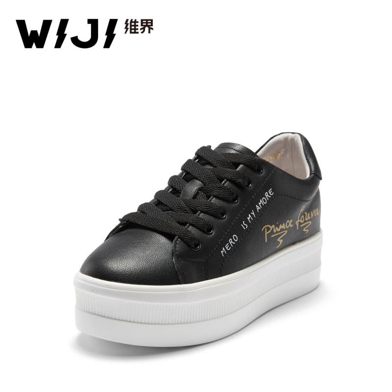 WIJI女鞋子春秋韩版新款潮流厚底真皮时尚单鞋系带深口休闲板鞋潮图片