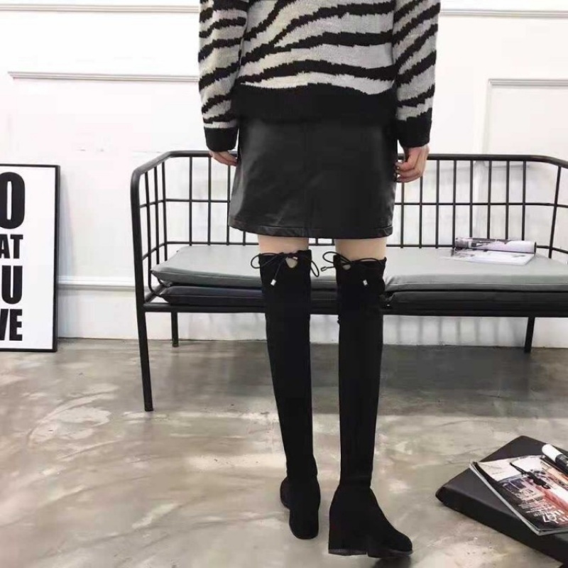 Tiauny 秋冬新品弹力袜式过膝长靴尖头针织弹力平底粗跟袜靴女靴50-817