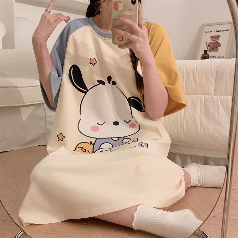睡裙女夏季可爱棉质短袖中长款连衣裙子夏天年新款睡衣家居服图片