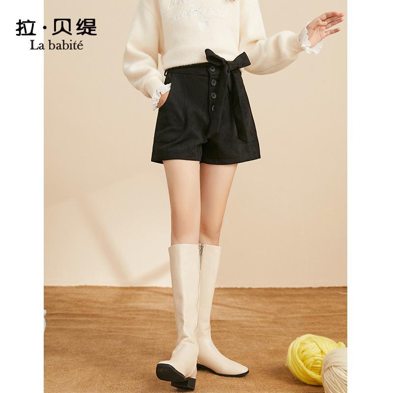 拉贝缇休闲短裤女装2019新款秋冬季黑色高腰显瘦百搭a字阔腿裤子60009384_183 S 黑色
