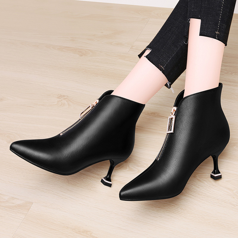 百年纪念centenary秋冬加绒尖头前拉链细跟女棉鞋短筒女靴子短靴2072