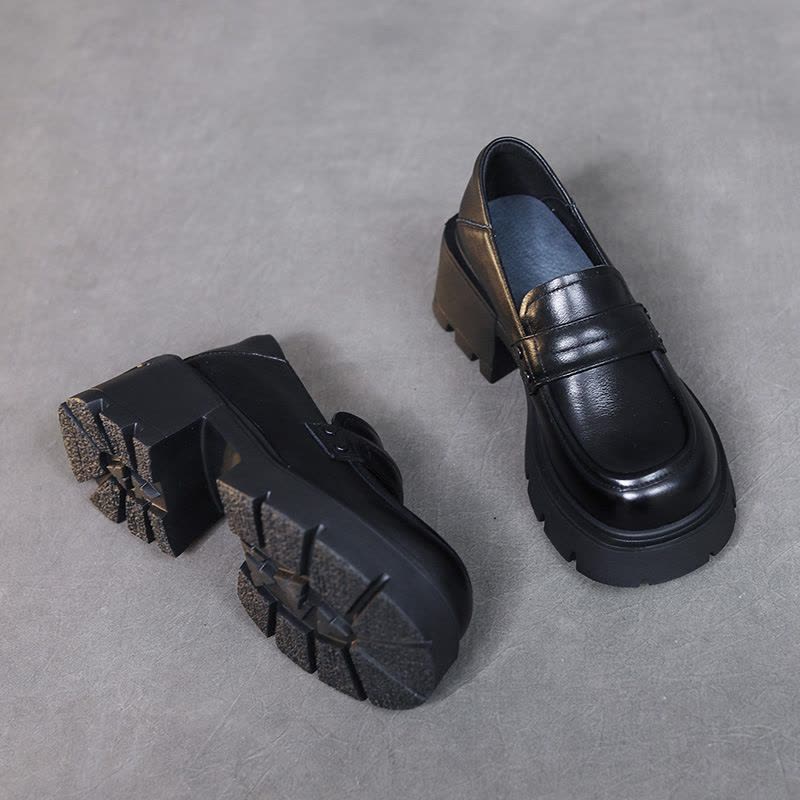 真皮英伦风小皮鞋女粗跟百搭单鞋秋季新款圆头厚底深口乐福鞋图片