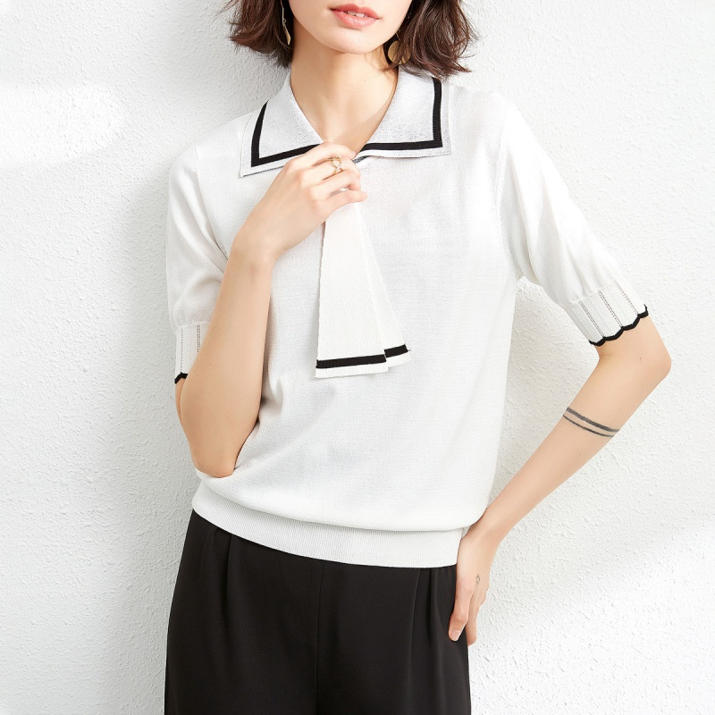 ounixue欧昵雪夏季撞色t恤翻领飘带设计感短袖上衣宽松百搭薄款针织衫