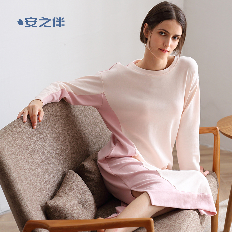 安之伴睡裙女秋季纯棉简约中长款宽松大码全棉家居服春秋女士睡衣