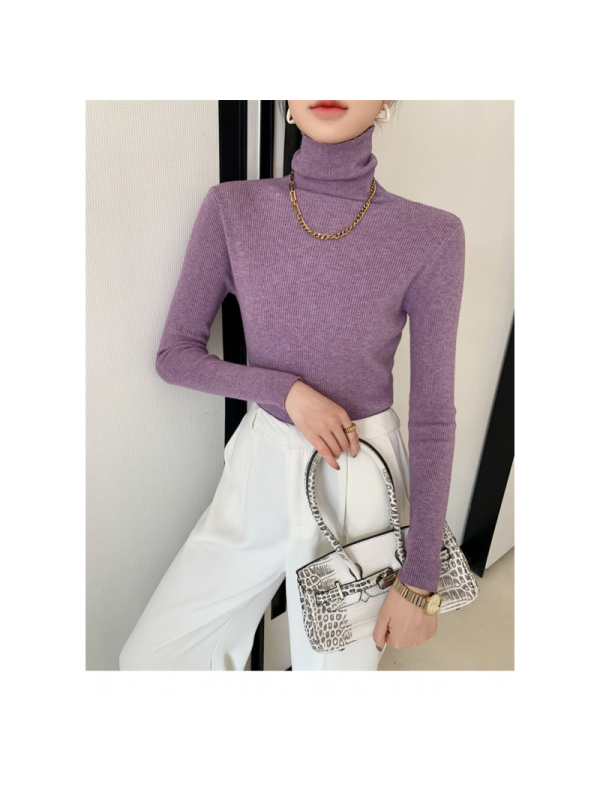 秋装新款女克莱因蓝堆堆领针织衫打底衫高领毛衣紧身修身内搭上衣