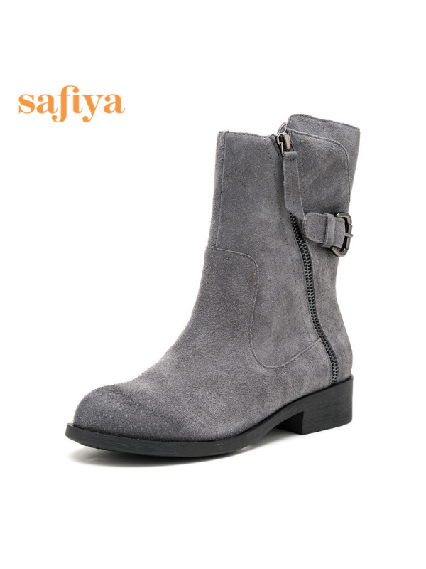 索菲娅Safiya牛皮圆头中跟拉链皮带装饰深口女鞋SF64116243