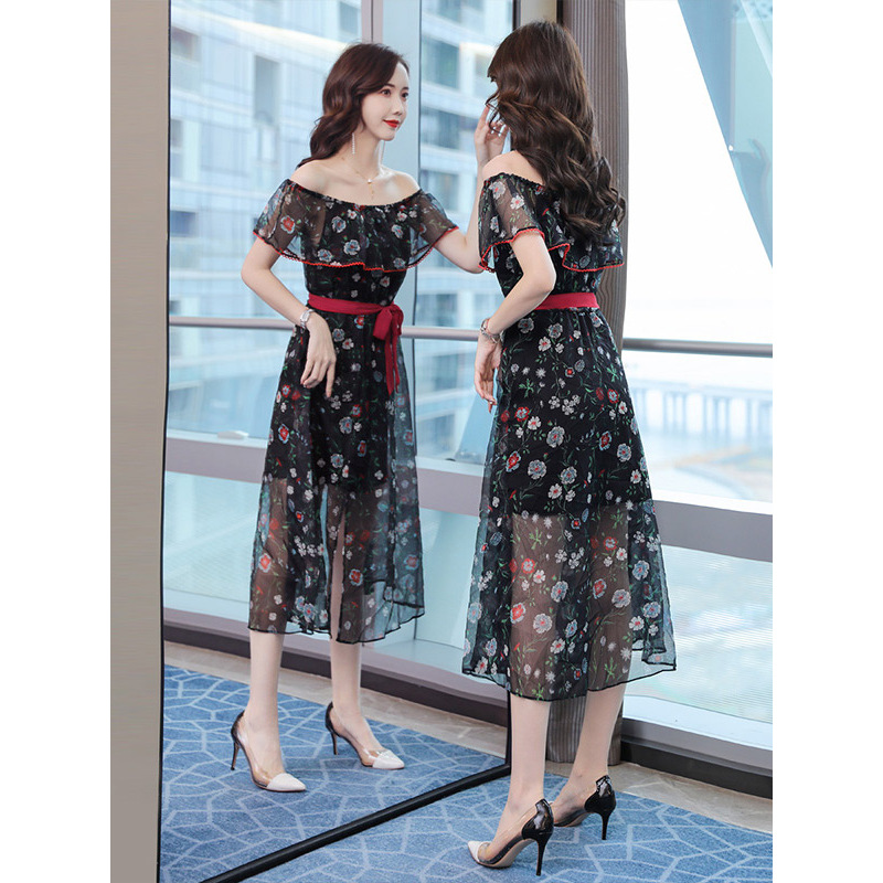 丝柏舍2019夏女收腰印花短袖一字领修身性感连衣裙S92R0753L