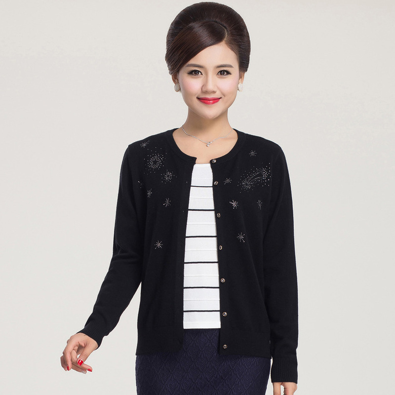 恒源祥羊毛衫女开衫春季新款中老年纯羊毛圆领针织衫妈妈装毛衣