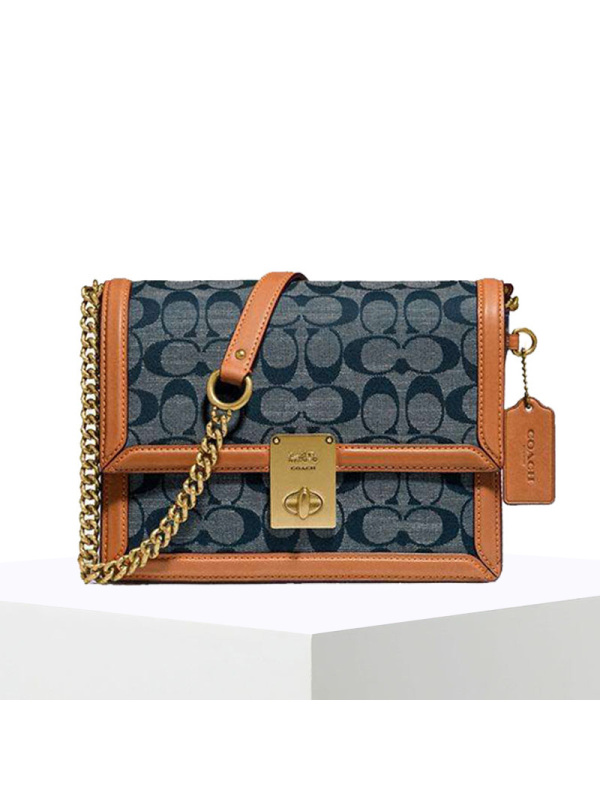 COACH\蔻驰 CHAMBRAY 链条单肩包 盒子椭圆扣牛仔 织物\牛皮革