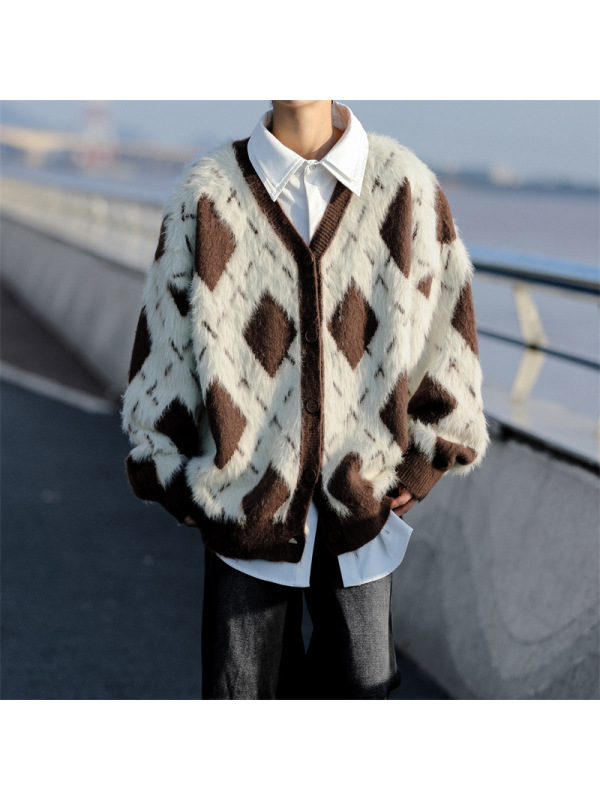 男装美式复古学院风菱形慵懒开衫毛衣男秋冬潮牌情侣款休闲针织衫