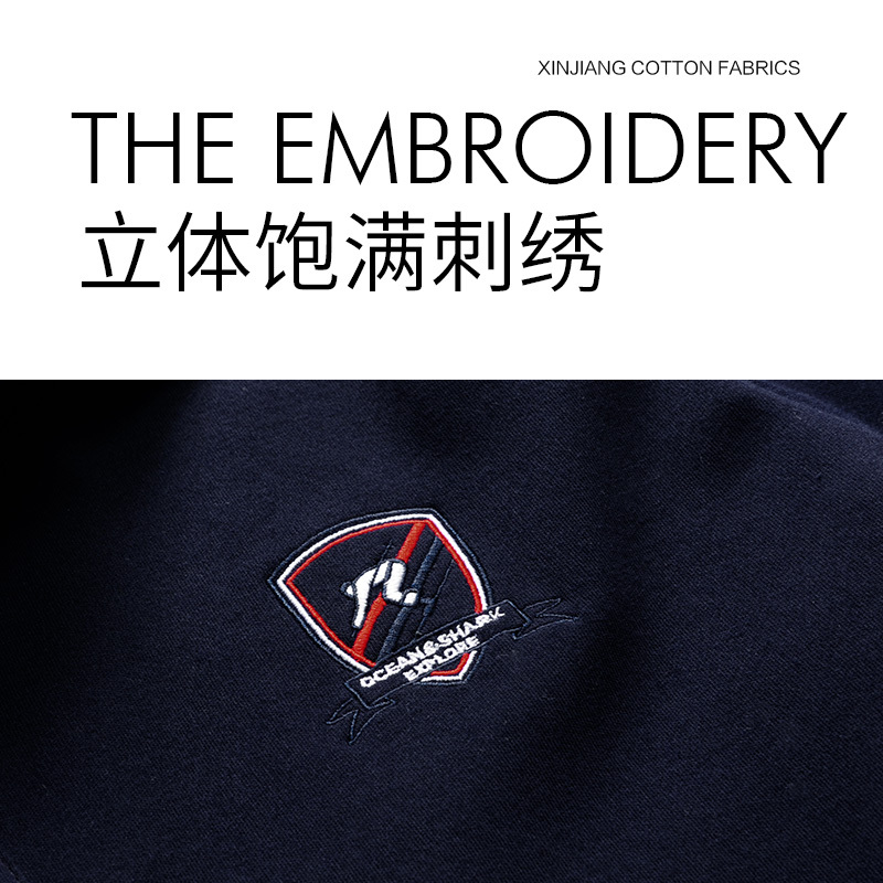 古老鲨鱼2018新款秋季刺绣纯棉中年男长袖T恤翻领纯色保罗polo衫