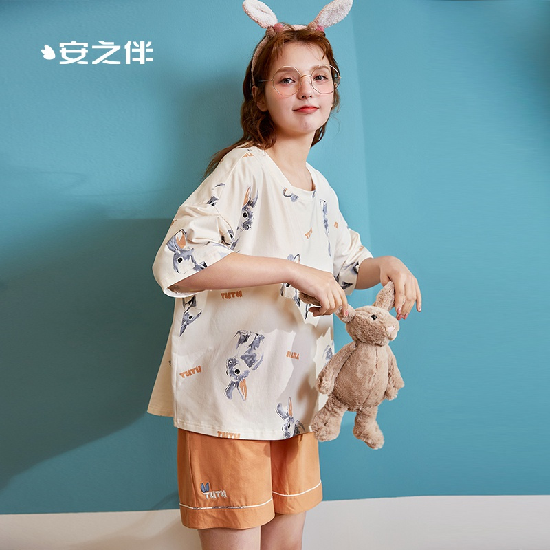 冰爽棉印兔子五分袖女套装