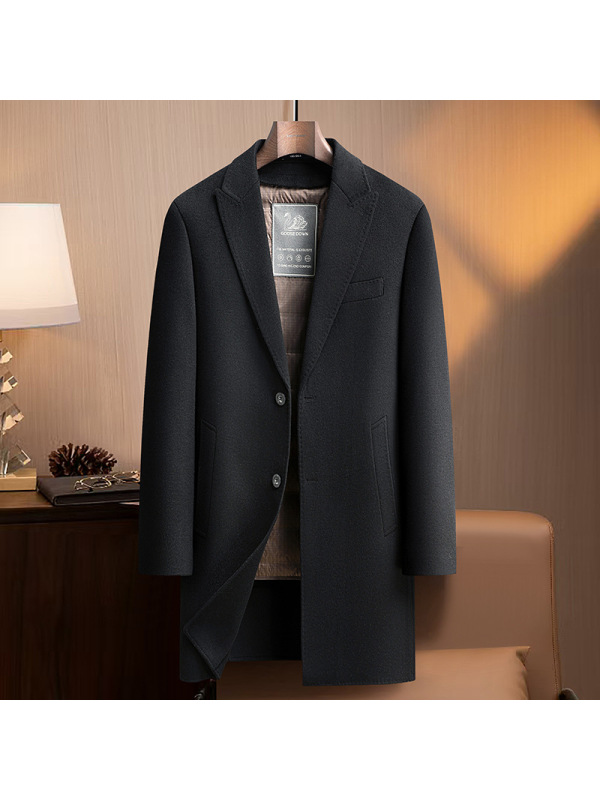 戗驳领脱卸鹅绒内胆双面呢大衣风衣男士加厚秋冬中长羊毛大衣外套