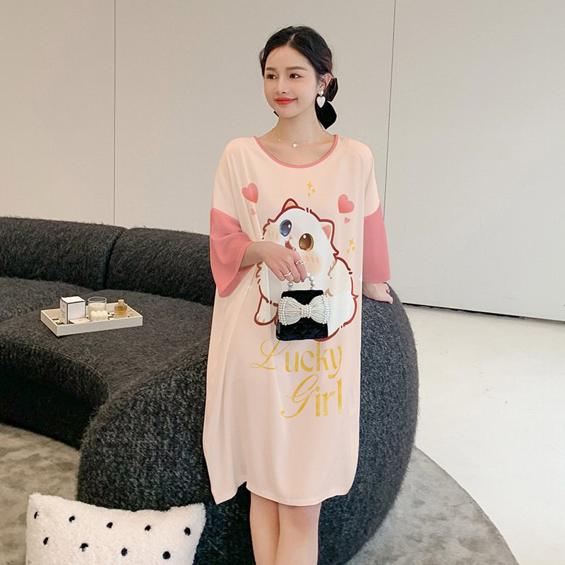 Ceba睡裙女士睡衣裙子夏天薄款短袖缎面中长款家居服大码可外穿2