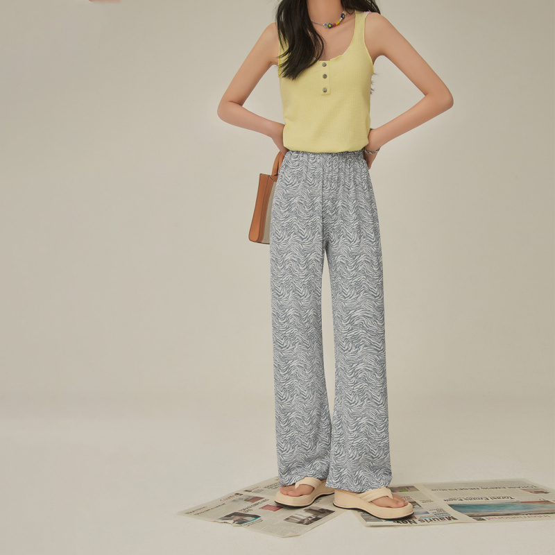 OtherMix肌理坑条印花休闲裤女2021年夏季新款高腰薄款阔腿裤子潮