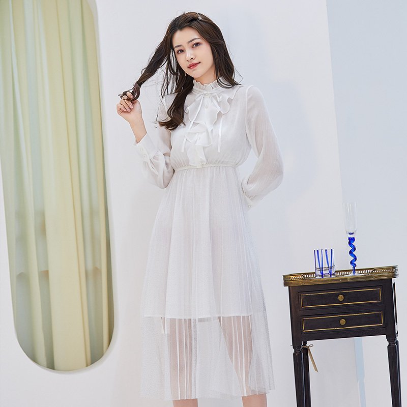 美丽衣橱甜色连衣裙女2020夏装长袖立领中长款裙子显瘦