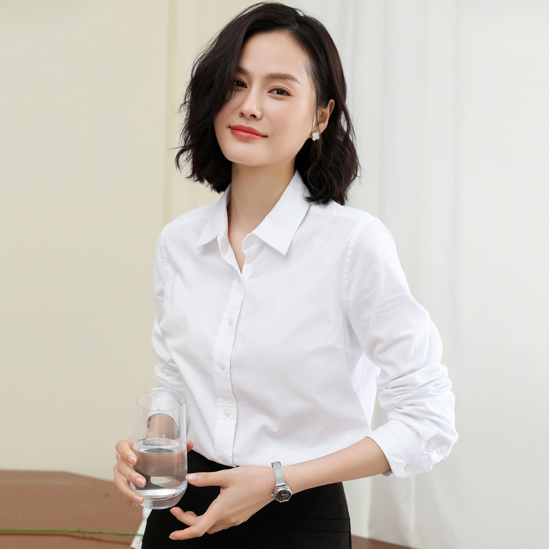 恒源祥纯色衬衫女长袖秋季职业正装修身纯棉衬衣薄修身上衣