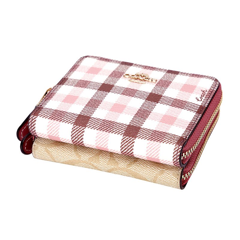 COACH 蔻驰 奢侈品 女士粉色格子拼色人造革短款钱包钱夹 F76753 IMP5P