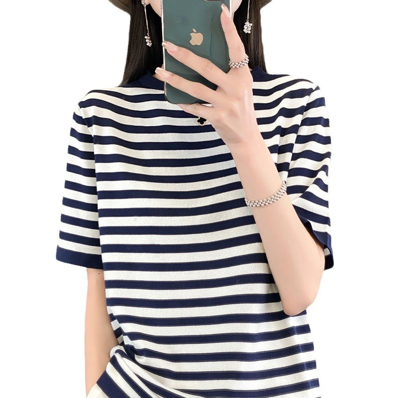 夏季新款冰丝条纹T恤女宽松圆领套头女式短袖T恤直筒针织衫女