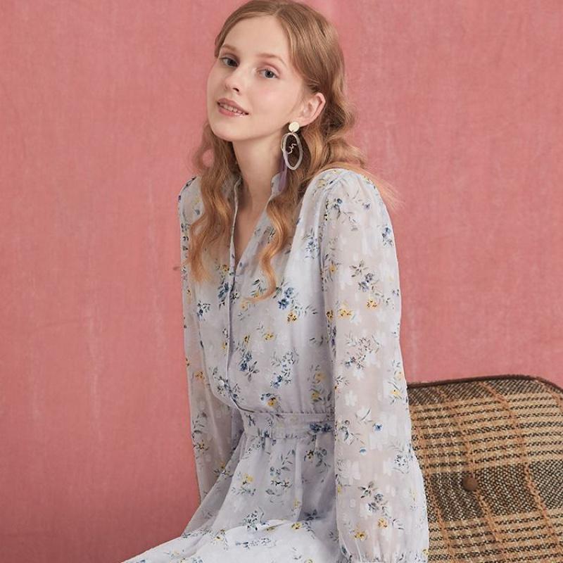 La Babite雪纺连衣裙子两件套v领碎花a字短裙女套装夏60007363