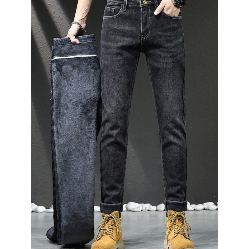 欧货牛仔裤男春秋加绒舒适弹力修身直筒裤男士新款百搭舒适休闲裤图片